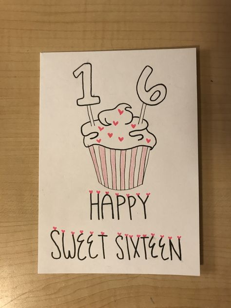 Sweet 16 Diy Cards, Sixteenth Birthday Card Ideas, Sweet 16 Card Ideas Diy, Sweet 16 Birthday Cards Diy, Sweet 16 Homemade Cards, Birthday Card For Sister Diy, Birthday Cards Sweet 16, Sweet 16 Drawings, Funny 16th Birthday Cards