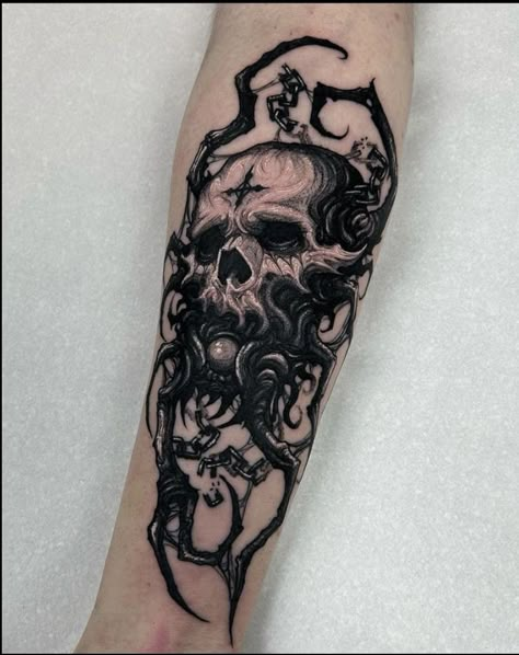 Edgy Sleeve Tattoo Men, Tattoo Cover Ups For Dark Tattoos, Lovecraftian Tattoo Ideas, Skull Stack Tattoo, Dark Femine Tattoo, Monster Tattoos, Gothic Forearm Tattoos Men, Creepy Arm Tattoo, Eerie Tattoos