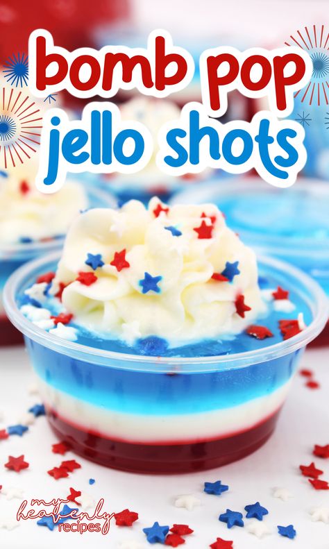 Bomb Pop Jello Shots Recipes, Red White And Blue Jello Shots, Pop Rocks Jello Shots, Jello Shots Blue, Alcoholic Jello Shots, 4th Of July Jello Shots, 4th Of July Jello, Red White And Blue Jello, Blue Jello Shots