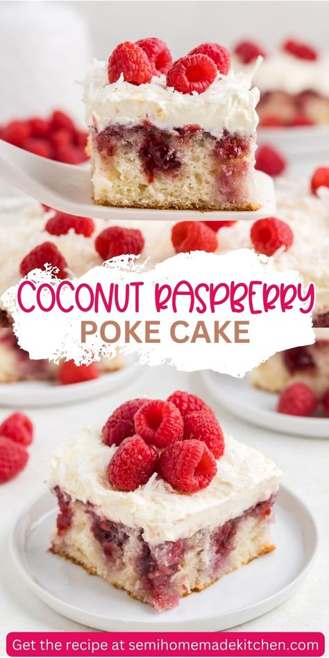 Treat yourself to the ultimate summer dessert with this Coconut Raspberry Poke Cake! Made with a simple white cake mix, raspberry preserves, fresh raspberries, and a creamy coconut cream pudding topping, this refreshing recipe easy to whip up for any occasion. Raspberry Poke Cake, Coconut Poke Cake, Jello Parfait, Raspberry Pie Filling, Coconut Poke Cakes, Raspberry Yogurt, Raspberry Coconut, Coconut Pudding, Poke Cake Recipes