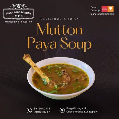 Delicious & Juicy MUTTON PAYA SOUP at Mana Food Darbar Visit - www.manafooddarbar.com Order NOW - 8919050747/ 8919042113 Address - Pragathi Nagar Rd, Chenchu Guda, Kukatpally . . . #manafooddarbar #manafooddarbarinkukatpally #muttonpayasoup #paya #MFD #biryani #payasoup #muttonpayaa😋😋 Paya Soup, Mutton Paya, Mutton Soup, Biryani, Order Now, Ethnic Recipes