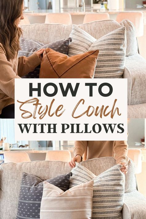 how to style couch with pillows Beige Couch Pillows, Style Couch Pillows, Beige Couch Living Room, Couch Pillow Arrangement, Bedroom Pillows Arrangement, Couch With Pillows, Throw Pillow Arrangement, Farmhouse Couch, Beige Couch