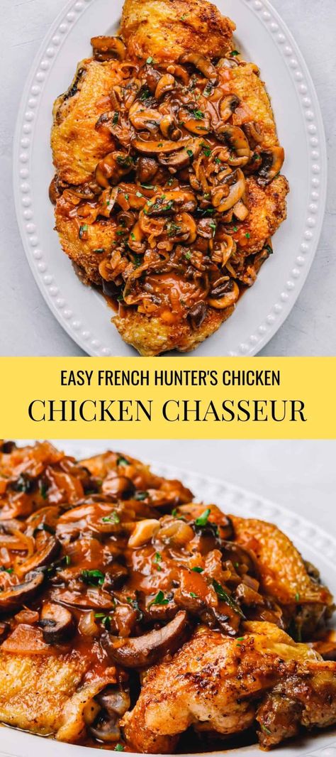 So delicious and easy to make! Chicken Chasseur, also known as Hunter's Chicken, is a classic French stew made with chicken in a savory brown sauce. #chickenchasseur #chasseur #poulet #stew #chickenstew #mushroom #brownsauce #frenchcuisine #frenchrecipes #chickenrecipes Hunters Chicken Recipe, Chicken Chasseur Recipe, French Stew, French Chicken Recipes, French Recipes Authentic, Chicken Chasseur, Hunters Chicken, Easy French Recipes, Recipes To Make At Home