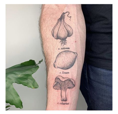 Chef Tattoo Ideas, Vegetable Tattoo, Cooking Tattoo, Chef Tattoo, Food Tattoos, Knife Tattoo, Mushroom Tattoos, Original Tattoos, American Traditional Tattoo