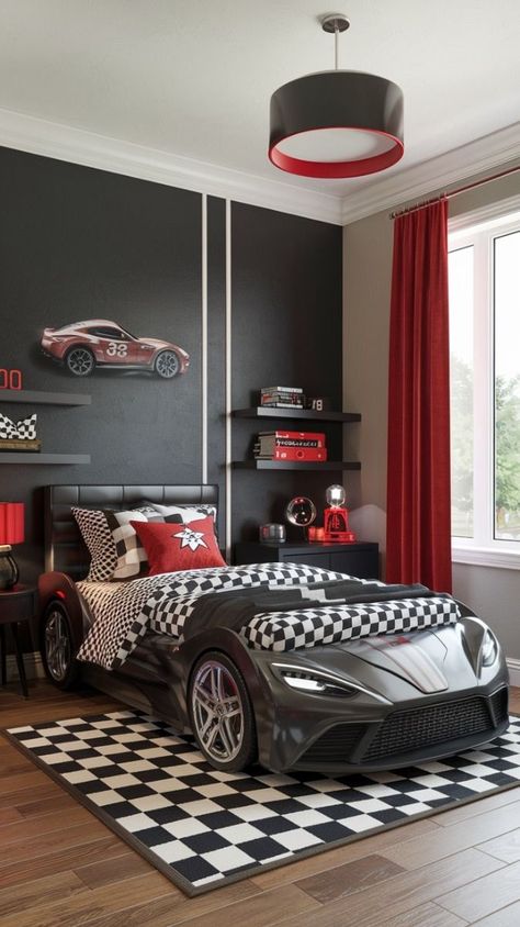 Boys Car Bedroom, Boy Car Room, Race Car Bedroom, Teen Boy Bedroom Ideas, Car Themed Rooms, Car Room Decor, Car Themed Bedrooms, Hot Wheels Room, Race Car Bed