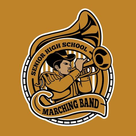 Marching band mascot logo design | Premium Vector #Freepik #vector #tuba #drummer #percussion #drum Band Logo Design, High School Marching Band, Black Background Design, Drum Band, Mascot Logo Design, Victoria Police, Band Stickers, Logo Design Ideas, Coffee Logo