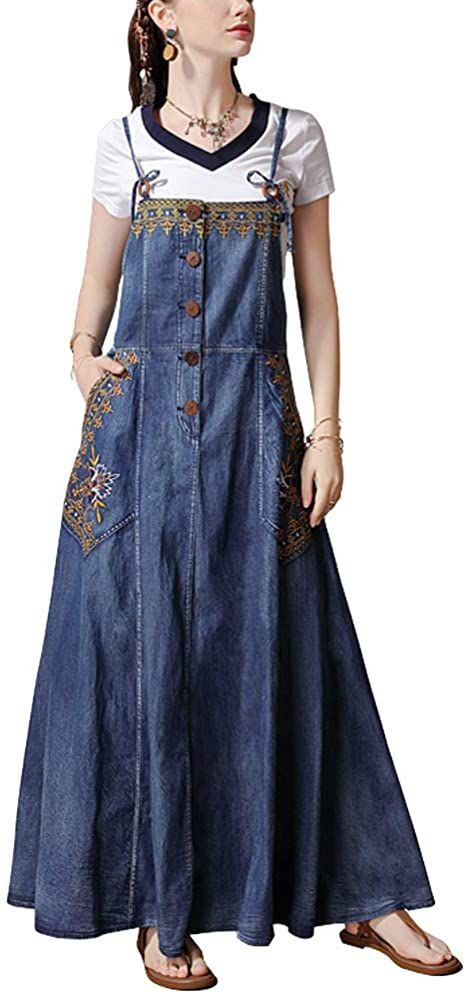 Chowsir Women Vintage Embroidery Spaghetti Strap Denim Jean Dress Long Blue Jean Dress, Sleeveless Denim Dress, Denim Jean Dress, Moon Dress, Boho Festival Fashion, Denim Maxi Dress, Womens Denim Dress, Jean Dress, Denim Chic