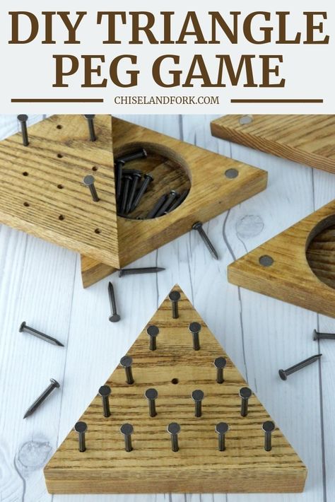 This DIY triangle peg game is the perfect gift for friends or family and will have them remembering playing the game at Cracker Barrel in years past. #diytrianglepeggame #diywoodgame #diygame #trianglepeggame #crackerbarrelgame | chiselandfork.com Triangle Peg Game, Christmas Bazar, Diy Wooden Games, Wood Puzzles Diy, Triangle Game, Crib Board, Peg Game, Wood Toys Diy, Handmade Games