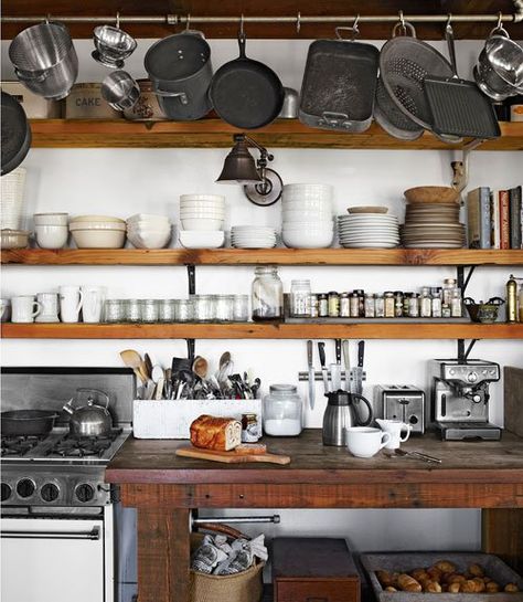 Rustic Wooden Shelves, Open Kitchen Shelves, Brown Kitchens, Rustic White, Kitchen Remodel Idea, Open Kitchen, Kitchen Shelves, Rustic Kitchen, Pots And Pans