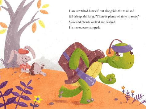 The Tortoise And The Hare Illustration, The Hare And The Tortoise, The Tortoise And The Hare, Hare Illustration, Tortoise And The Hare, Characters Design, Children Book, Story Book, Relax Time