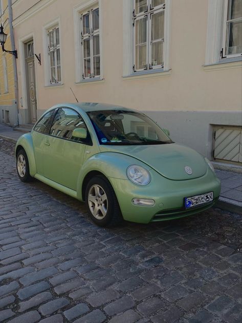 Bug Cars Aesthetic, Sage Green Vw Beetle, Sage Green Beetle Car, Aesthetic Beetle Car, Sage Green Volkswagen Beetle, Green Bug Car, Pink Bug Car, Green Beetle Car, Beetles Car