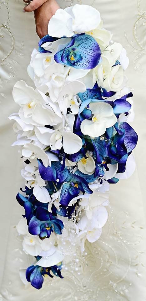 Beautiful Orchid Cascading Bridal Bouquet that is lush in volume and long in length. White orchids with blue accent orchids and pearl and crystal sprays. The silk orchids are real touch artificial florals. Similar bridal bouquets are priced at $275.00 - $400.00 each. Blue Orchid Wedding Bouquet, Blue Orchid Bouquet, Blue Orchid Wedding, White Orchid Bouquet, Orchid Bouquet Wedding, Cascading Bridal Bouquets, Silk Orchids, Wedding Flower Inspiration, Blue Accent