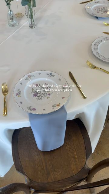 Texas Wedding Photographer on Instagram: "thrifted + vintage reception plates !!!  she also hand scrubbed every single goodwill sticker off too  #weddingreception #vintagewedding #thrifteddecor #weddingdiy"