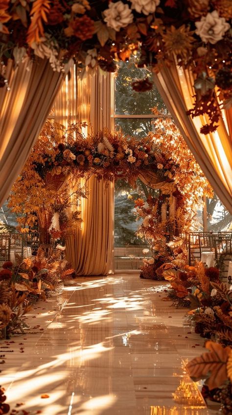 Orange Brown Wedding Theme, Autumn Wedding Locations, Autumn Theme Wedding Decorations, Brown And Orange Wedding Theme, Indoor Autumn Wedding, Wedding Theme Ideas Elegant Fall, Enchanted Fall Wedding, Dreamy Fall Wedding, Fall Wedding Inspiration October