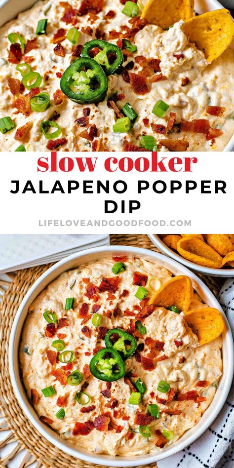 Jalapeño Popper Dip is oh-so-creamy and cheesy, with crispy bacon pieces, and a subtle kick of heat! Make it easily in the slow cooker, then just add chips and serve for the big game! #slowcookingmonth Dips In Crockpot Appetizers, Crockpot Recipes Dip Appetizers, Spicy Dips For Parties, Crockpot Jalapeno Popper Dip, Hot Dip Recipes For Crock Pot, Hot Honey Jalapeño Popper Dip, Crockpot Jalapeño Popper Corn Dip, Sausage Jalapeno Popper Dip, Super Bowl Crockpot