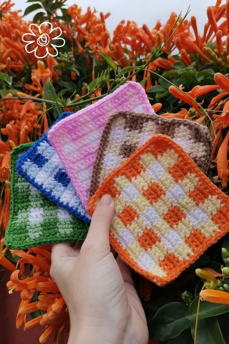 Which one is your favorite? Gingham Crochet, Coaster Crochet, Crochet Coaster, Crochet Coasters, Crochet Ideas, Crochet Projects, Gingham, Crochet Blanket, In Love