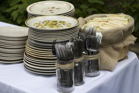 Mismatched plates and other potluck items used in our wedding Diy Wedding Buffet, Potluck Wedding, Jam Favors, Upcycled Wedding, Mismatched Plates, Bushel Baskets, Budget Bride, Wedding Buffet, Eco Wedding