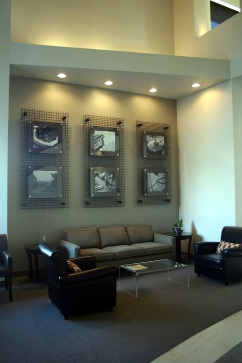 Unique wall photo display Ideas For You (18) Lobby Seating, Office Waiting Rooms, Industrial Wall Decor, Office Lobby, Office Remodel, Office Artwork, Industrial Livingroom, Industrial Interior Design, Industrial Interiors