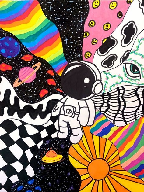 Trippy Aesthetic Art, Simple Trippy Designs, Trippy Marker Art, Trippy Box Painting Ideas, Trippy Space Art, Trippy Art Ideas, Trippy Doodle Art, Simple Trippy Art, High Paint Ideas Trippy