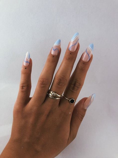 Blue And White Nails, Light Blue Nails, Blue Acrylic Nails, Minimal Nails, Almond Acrylic Nails, White Nail, Homecoming Nails, Prom Nails, Minimalist Nails