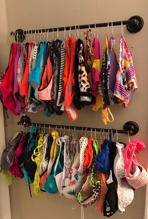 Organizing Bathing Suits Storage Ideas, Swimwear Organization Ideas, Pool Storage Room, Bathing Suit Closet Organization, Organizing Bikinis, How To Store Bathing Suits In Closet, Pool Organization Ideas Storage, How To Store Swimsuits In Closet, Bathing Suit Hanging Ideas