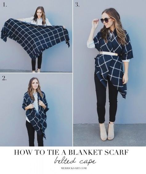 DIY a cape with a giant blanket scarf and a belt. | 21 Ways To Trick People Into Thinking You're Stylish This Winter Tie A Blanket Scarf, How To Wear Belts, Belted Cape, Mode Tips, Ways To Wear A Scarf, How To Wear A Scarf, Diy Vetement, Homewear Fashion, Pullover Outfit