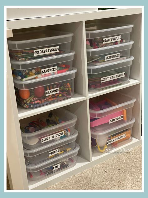 Ideas for a Simple, Versatile and Organized Kid's Craft Station Preschool Closet Organization, Preschool Craft Area, Organizing Kids Art Supplies, Play Dough Organization, Polly Pocket Storage Ideas, Toddler Craft Organization, Coloring Station For Kids, Arts And Crafts Organization Ideas, Kids Craft Storage Ideas