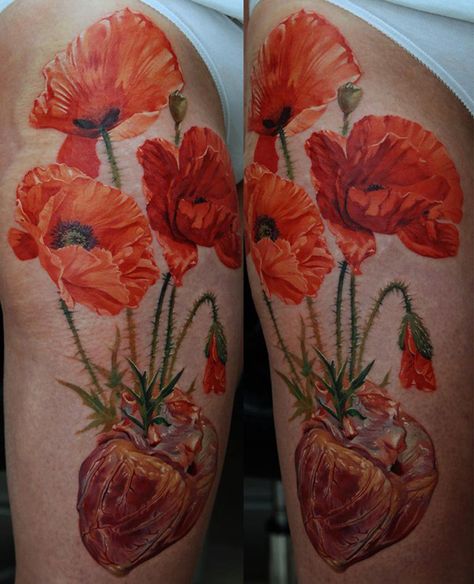 9 Poppies tattoo Watercolor Poppy Tattoo, Red Poppy Tattoo, California Poppy Tattoo, Realistic Flower Tattoo, Poppy Flower Tattoo, Cool Half Sleeve Tattoos, Geisha Tattoo, Kunst Tattoos, Poppies Tattoo