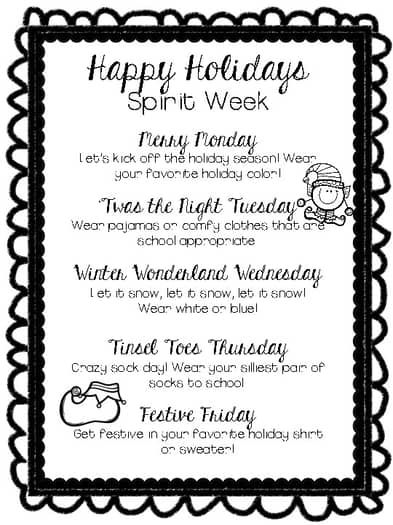 Holiday Spirit Week by Simply First | TPT Spirit Week Themes Preschool, Halloween Spirit Week Ideas For School, Halloween Spirit Week Ideas For Work, Holiday Dress Up Spirit Week, October Spirit Week Ideas, Halloween Spirit Week Ideas, Fundraiser Ideas School, Holiday Spirit Week, Spirit Week Ideas