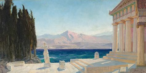 “Ghosts of Hellas by Vasily Polenov. c. 1890.” Greece Landscape, Gallery Magazine, Greece Art, Picture Boxes, Architecture Painting, Building Art, Classic Paintings, Greek Art, Pen And Watercolor