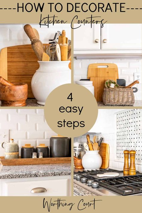 How to decorate your kitchen countertops in 4 easy steps. Keep them beautiful and functional at the same time! #kitchencounters #decoratekitchencounters #kitchendecor Decorate Kitchen Counter, Kitchen Counter Corner, How To Decorate Kitchen Countertops, How To Decorate Kitchen Counters, Kitchen Countertops Decor, Kitchen Countertop Decor Ideas, Decorating Kitchen Countertops, Counter Top Decor, Kitchen Tray Decor