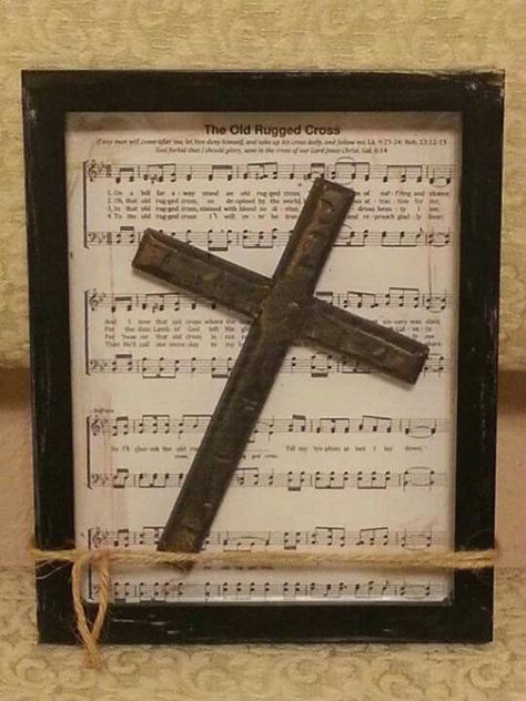 Love this idea Barnwood Wedding Decor, The Old Rugged Cross, Cross Background, Sheet Music Crafts, Rugged Cross, Wal Art, Wooden Crosses, Old Rugged Cross, Christian Crafts