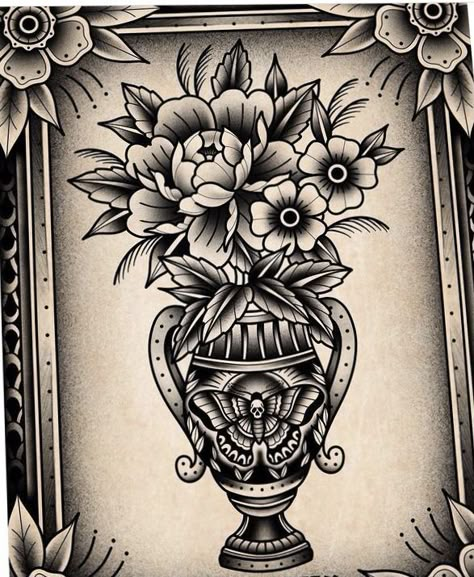 #tattoo #tattoos #inked #tattooart #tattooed #tattooideas #tattoodesign #tattooinspiration #tattoosleeve #tattooflash #inkedgirls #tattooedwomen  #InkLaughs  #TattooFails American Traditional Vase With Flowers Tattoo, Traditional Plant Pot Tattoo, Neo Traditional Vase Tattoo, Old School Frame Tattoo, Traditional Style Tattoo For Women Black And White, Traditional Vase Tattoo Design, Trad Vase Tattoo, Traditional Flower Pot Tattoo, Black And Grey Traditional Tattoo Flash