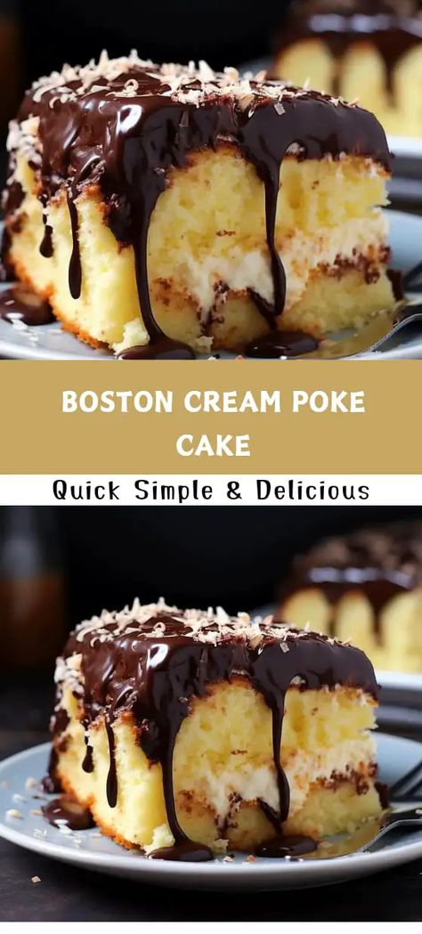 Indulge in the perfect blend of chocolate and vanilla with this BOSTON CREAM POKE CAKE. Easy to make, it's the ultimate homemade dessert delight! Boston Cream Pie Poke Cake, Cream Poke Cake, Boston Cream Poke Cake, Homemade Dessert, Boston Cream Pie, Boston Cream, Cake Easy, Poke Cake, Cream Pie