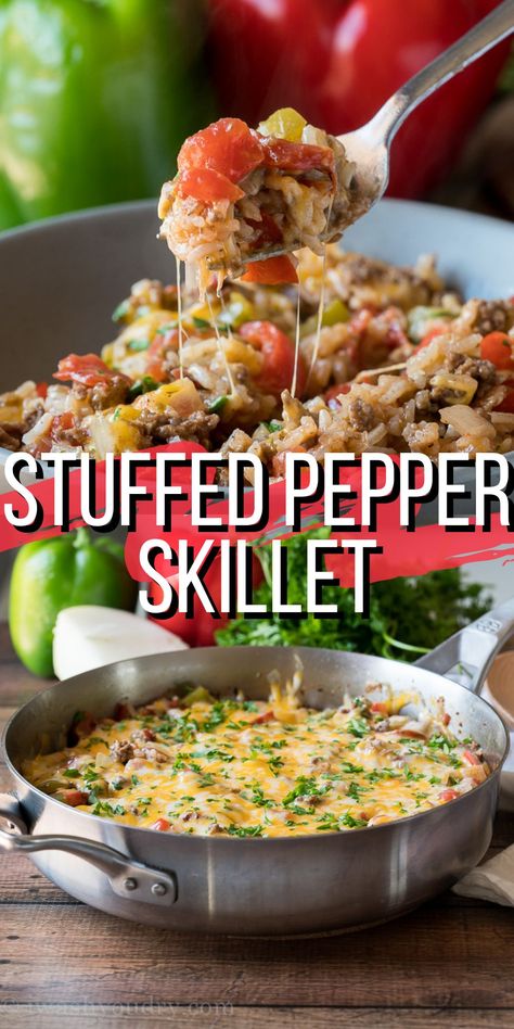 WOW! My family LOVED this super easy Ground Beef Stuffed Pepper Skillet. It was like regular stuffed pepper filling made in just one pan! Skillet Stuffed Peppers Ground Beef, Stuffed Pepper Filling, Stuffed Peppers Ground Beef, Green Pepper Casserole, Stuffed Pepper Skillet, Pepper Skillet, Unstuffed Peppers, Stuffed Peppers Beef, Homemade Hamburger Buns