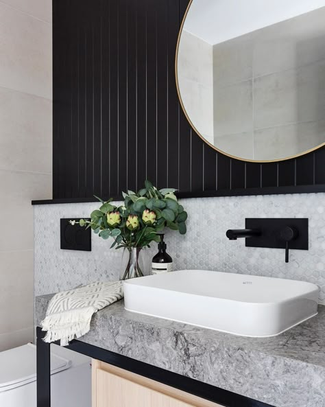 POWDER ROOM PERFECTION | Contrasting black accents showcased in V-groove panelling, Black Tapware + Custom steel black frame. . . . 📸… Paneling Powder Room, V Groove Paneling, Panelling Bathroom, Fairmount Philadelphia, Black Tapware, Small Powder Room Ideas, Modern Powder Rooms, Modern Powder Room, Wood Wall Bathroom