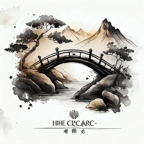 Japanese Bridge Drawing, Bridge Illustration, Chinese Bridge, River Drawing, Bridge Drawing, Chinese Mountains, Chinese City, Ipad Drawing, Asian Cards