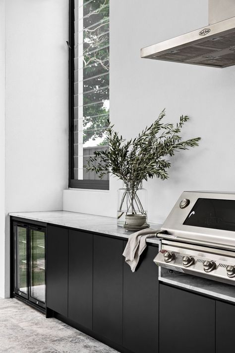 Monochromatic Home, Backyard Entertaining Area, Kitchen Joinery, Modern Black Kitchen, Outdoor Bbq Area, Outdoor Bbq Kitchen, Victorian Kitchen, Built In Bbq, Bbq Kitchen