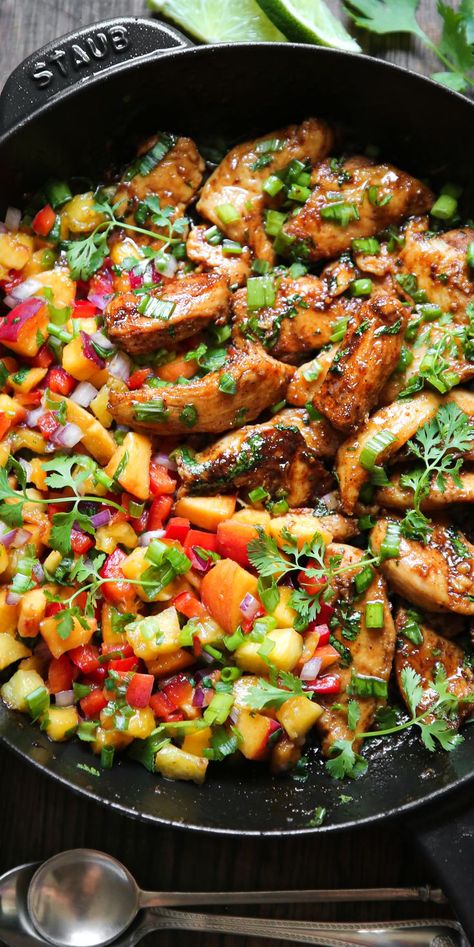 Cilantro-Lime Chicken with Peach Salsa in a cast iron pan Julia's Album, 2024 Meals, Chicken French, Weekly Recipes, Peach Recipes, Peach Salsa, Skillet Dishes, Mediterranean Lifestyle, Salsa Chicken