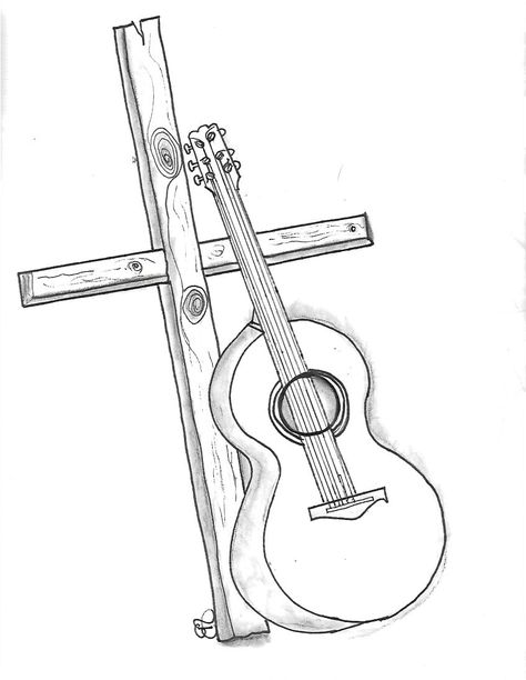 Drawing of guitar leaning on the cross Guitar Drawing Sketches, Drawing Ideas Guitar, Drawing Of Guitar, Guitar Sketch, Guitar Tattoo Design, Guitar Images, Guitar Drawing, Guitar Tattoo, Sketches Pencil