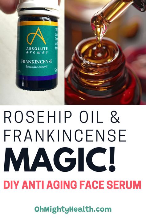 DIY anti aging face serum with frankincense. Text reads: Rosehip oil and frankincense magic! DIY anti aging face serum. Best Oils For Face Anti Aging, Anti Aging Oils For Face, Natural Face Serum Diy, Essential Oil Face Serum Recipe, Diy Face Oil Recipe, Diy Face Cream Anti Aging, Frankensence Oil Uses For Face, Diy Body Serum, Diy Castor Oil Face Serum