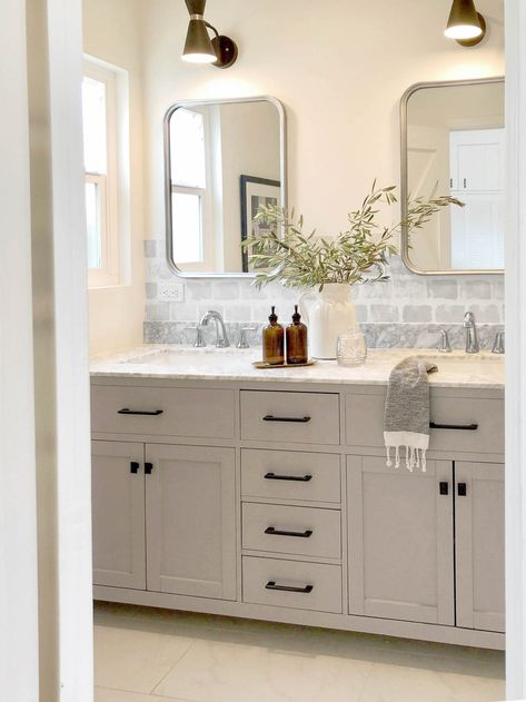 Painted Bathroom Cabinets: How to Get the Look | Clare Greige Bathroom, Bathroom Cabinet Colors, Grey Bathroom Cabinets, Makeover Kamar Mandi, Painted Vanity Bathroom, Painting Bathroom Cabinets, Painted Bathroom, Bathroom Vanity Makeover, Grey Bathroom Vanity