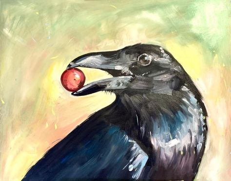 Crow Oil Pastel, Crow Painting Easy, Crow Painting Acrylic, Crow Reference, Ruined Kingdom, Crow Paintings, Crow Illustration, Crows Drawing, Cherries Painting