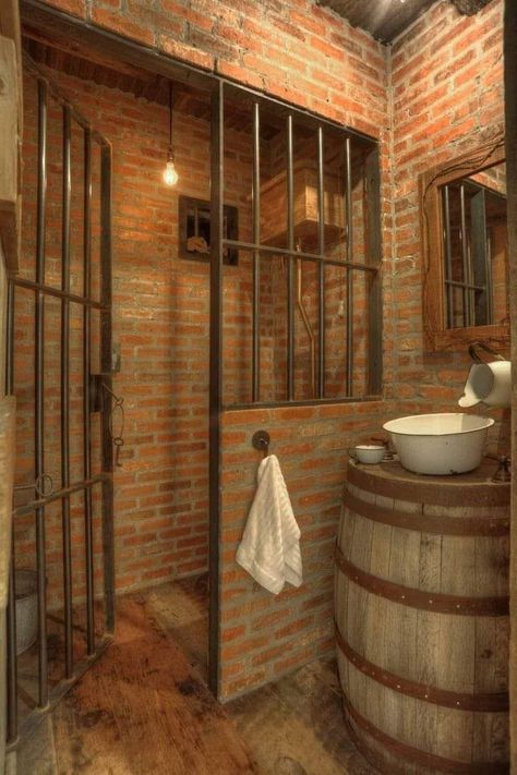 Saloon Bar, Diy Industrial Lighting, Primitive Bathroom, Barn Bathroom, Primitive Bathrooms, Cabin Bathrooms, Rustic Bathroom Designs, Roman Tub, Industrial Light Fixtures