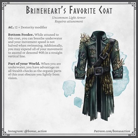 Tim on Instagram: “This coat is perpetually dripping salty water somehow... #pirates” Magic Armor, Dnd Stats, Dnd Inspiration, Dnd Stories, Dnd Items, Dungeon Master's Guide, Dungeons And Dragons 5e, D D Items, Dnd Ideas