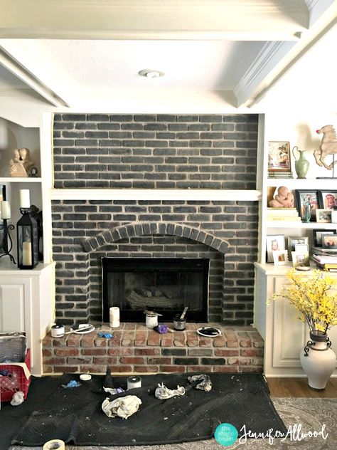 Black Painted Brick Fireplace Jennifer Allwood Black Brick Fireplace, Jennifer Allwood, Brick Fireplaces, Black Brick Wall, Painted Brick Fireplaces, Painted Brick Fireplace, Fireplace Seating, Fireplace Redo, Fireplace Update