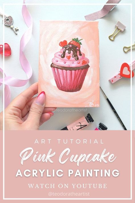 Acrylic Painting on mini Canvas Pink Cupcake | Valentine's Day Art Tutorial | DIY Valentine Card, mini canvas art aesthetic cute, small canvas art cupcake, valentine's day painting canvas, postcard painting acrylic, cupcake painting video, art video, paint with me step by step, easy acrylic tutorial, canvas painting ideas, diy valentines, food painting, paint with me video, art tutorial for beginners, acrylic painting ideas easy, strawberry painting, diy vday card, teodoratheartist, youtube art Mini Canvas Art Aesthetic Cute, Mini Canvas Art Aesthetic, Diy Valentine Card, Painting On Mini Canvas, Cupcake Painting, Food Art Painting, Acrylic Tutorials, Diy Valentines Cards, Boho Painting