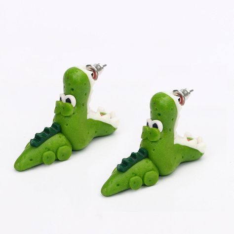 Cute Animal Green Crocodiles Stud Earrings Soft Glay Handmade Casual Ear Biting Earrings Ear Drop, Dinosaur Earrings, Costume Jewelry Earrings, Crocodiles, Cute Dinosaur, Fish Design, Animal Ears, Ear Studs, Guangzhou