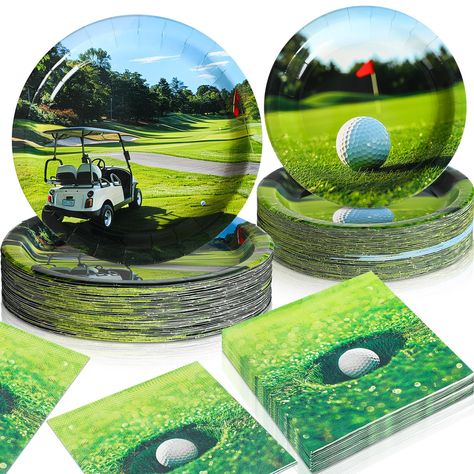 PRICES MAY VARY. Golf Party Supplies: our golf party tableware supplies include 120 pieces of golf dinner paper plates, and 60 pieces of paper napkins, sufficient to serve at most 60 guests, the golf tableware set is an impressive golf themed decoration and ideal choice for your party, giving your party a unique feeling Golf Theme Design: the golf tableware set comes in a stylish golf theme design; Primarily decked in the invigorating green and white colors and printed with realistic patterns, t Golf Themed Birthday Party For Men, Party Plates And Napkins, Golf Party Decorations, Sports Birthday Party, Golf Party, Golf Theme, Sports Birthday, Party Tableware, Party Plates