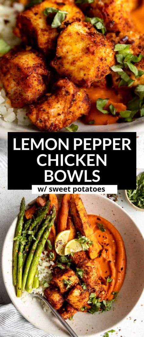 Simple Protein Dinner Recipes, Protien Meals Gluten Free, Spicy Meal Prep Recipes, Healthy Bowl Meal Prep, Lunch Bowl Prep, High Protein Dairy Free Meal Prep, High Protein Dinner Sweet Potato, Lemon Pepper Chicken Rice Bowl, Chicken Sweet Potato Bowls Healthy